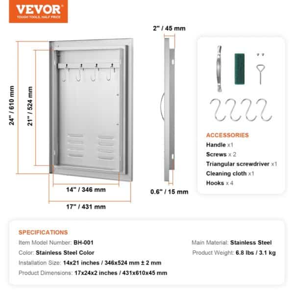 VEVOR bbq access door dimensions and accessories, with stainless steel construction and hooks included.