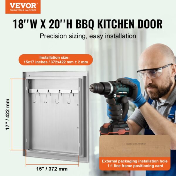 VEVOR bbq access door installation guide with dimensions 18x20 inches, precision sizing, and easy installation.