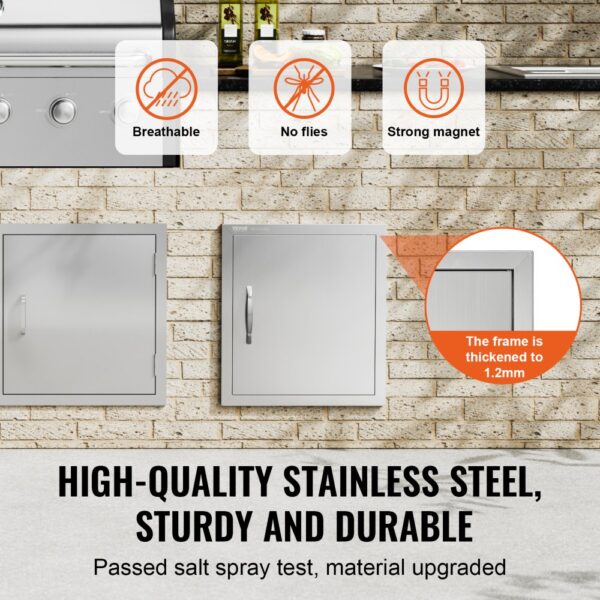 VEVOR bbq access door – high-quality stainless steel, no flies, strong magnet, thick frame, salt spray tested.