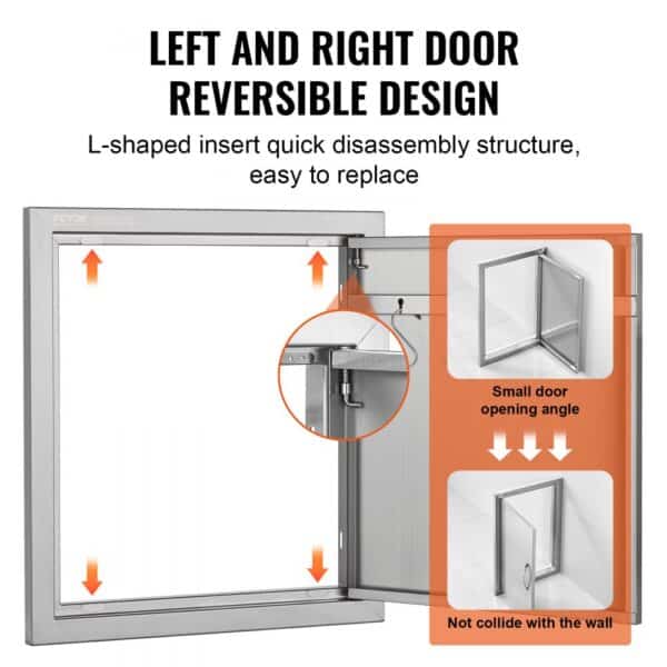 VEVOR bbq access door with reversible design and l-shaped quick disassembly structure, small opening angle.