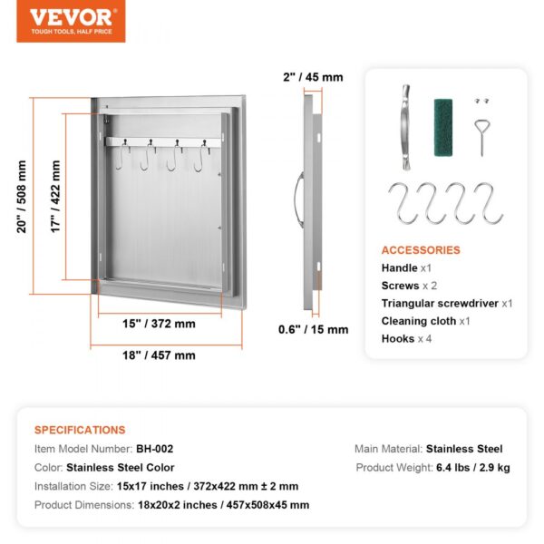 VEVOR bbq access door dimensions, stainless steel, with hooks, handle, screws, screwdriver, and cloth.