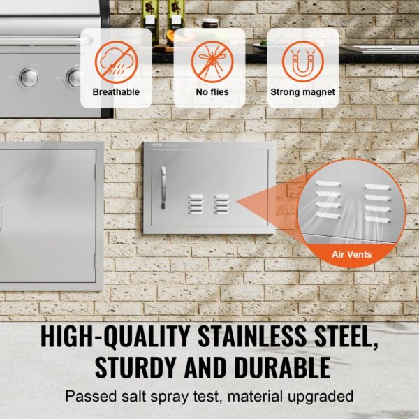 stainless steel VEVOR bbq access door with air vents, strong magnet, and fly prevention features.