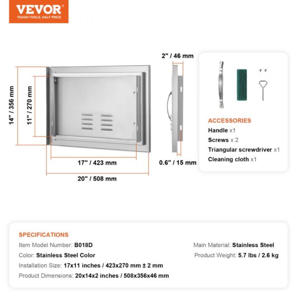 VEVOR bbq access door with stainless steel finish, 20x14x2 inches, includes handle, screws, and tools.