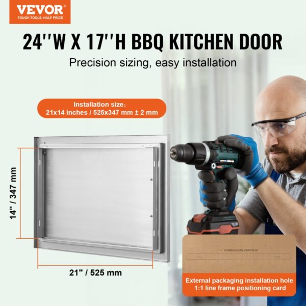 VEVOR BBQ Access Door, 610x432 mm Single Outdoor Kitchen Door, Stainless Steel Flush Mount Door, Wall Vertical Door with Handle, for BBQ Island, Grilling Station, Outside Cabinet