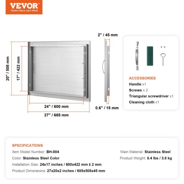 VEVOR bbq access door stainless steel, dimensions 27x20x2 inches, includes handle, screws, screwdriver.