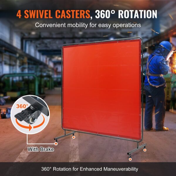 VEVOR welding screen: 4 swivel casters, 360° rotation, and brake feature for easy mobility during work.