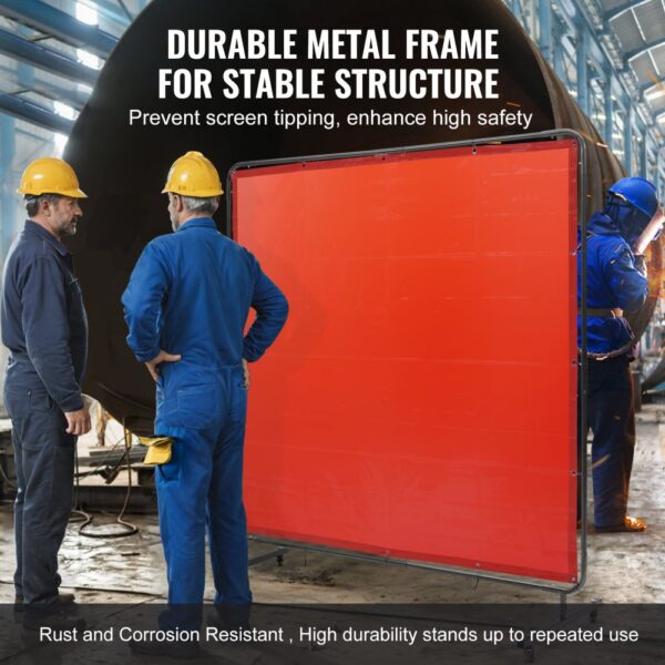 red VEVOR welding screen with durable metal frame, workers in protective gear in industrial setting.