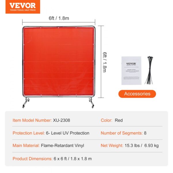 VEVOR welding screen, 6ft x 6ft, red flame-retardant vinyl, 6-level uv protection, model xu-2308.