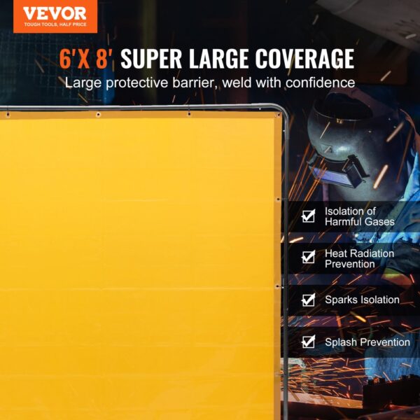 VEVOR welding screen 6'x8' for super large coverage, protecting from gases, heat, sparks, and splashes.