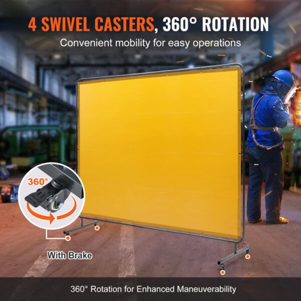VEVOR welding screen with 4 swivel casters and 360° rotation for easy mobility in an industrial setting.