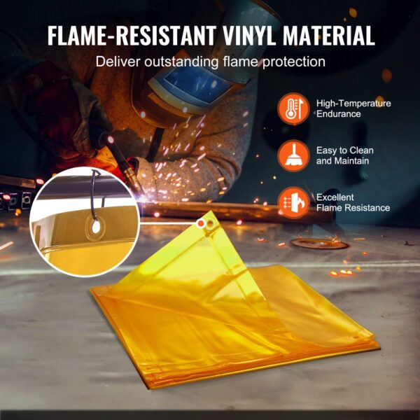 welder using VEVOR welding screen with flame-resistant vinyl material for high-temperature endurance.