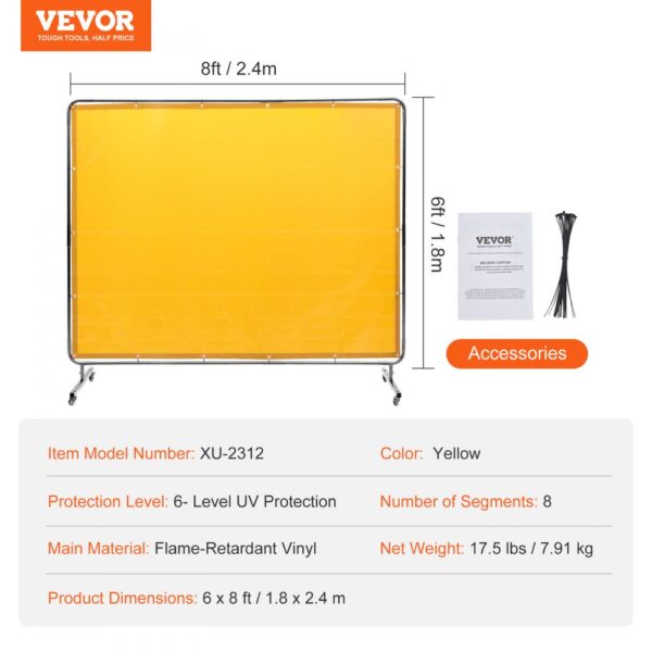 VEVOR welding screen, model xu-2312, yellow, 6-level uv protection, 8 segments, 6x8 ft. accessories included.