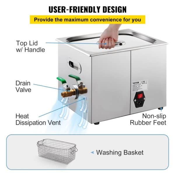 VEVOR Ultrasonic Cleaner, 36KHz~40KHz Adjustable Frequency, 15L 220V, Ultrasonic Cleaning Machine w/ Digital Timer and Heater, Lab Sonic Cleaner for Jewelry Watch Eyeglasses Coins, FCC/CE/RoHS Listed