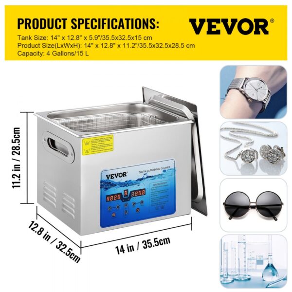 VEVOR Ultrasonic Cleaner, 36KHz~40KHz Adjustable Frequency, 15L 220V, Ultrasonic Cleaning Machine w/ Digital Timer and Heater, Lab Sonic Cleaner for Jewelry Watch Eyeglasses Coins, FCC/CE/RoHS Listed