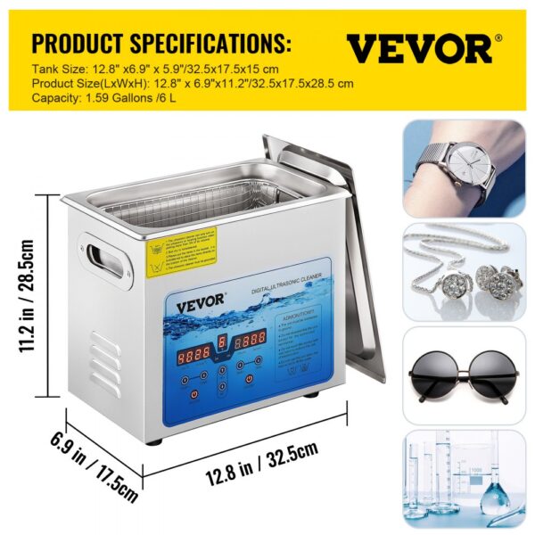 VEVOR Ultrasonic Cleaner, 36KHz~40KHz Adjustable Frequency, 6L 220V, Ultrasonic Cleaning Machine w/ Digital Timer and Heater, Lab Sonic Cleaner for Jewelry Watch Eyeglasses Coins, FCC/CE/RoHS Listed