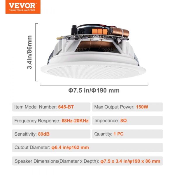 VEVOR 6.5'' Bluetooth Ceiling Speakers 150W Flush Mount Ceiling in-Wall Speaker