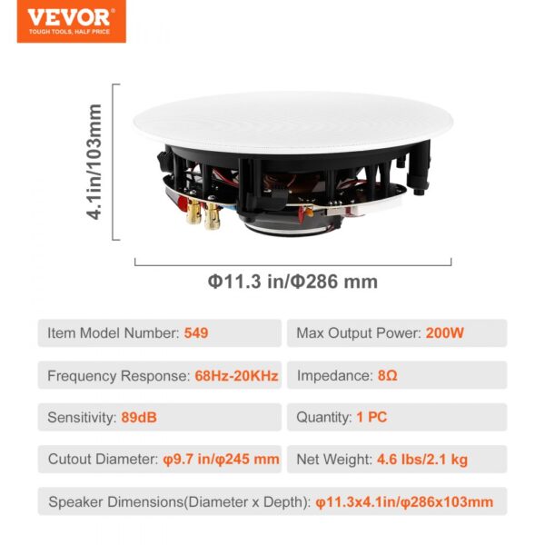 VEVOR ceiling speakers, 11.3-inch diameter, 200w power, model 549, 68hz-20khz frequency range, 8ω.