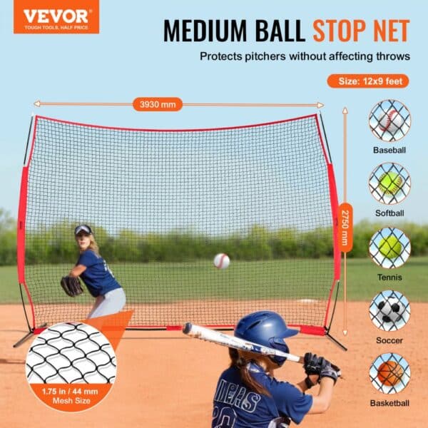 VEVOR barricade backstop net for baseball, softball, and other sports to protect pitchers, 12x9 feet.