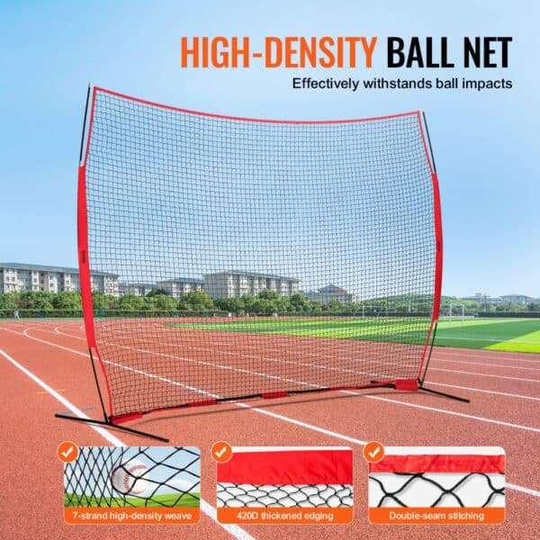 VEVOR barricade backstop net on red track, highlighting high-density weave, thick edging, and double stitching.