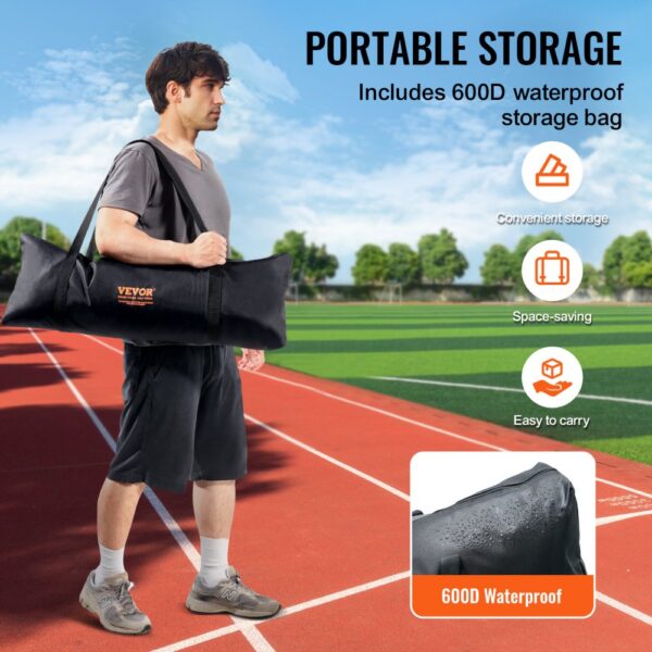 VEVOR barricade backstop net with 600d waterproof storage bag, designed for convenient and space-saving use.