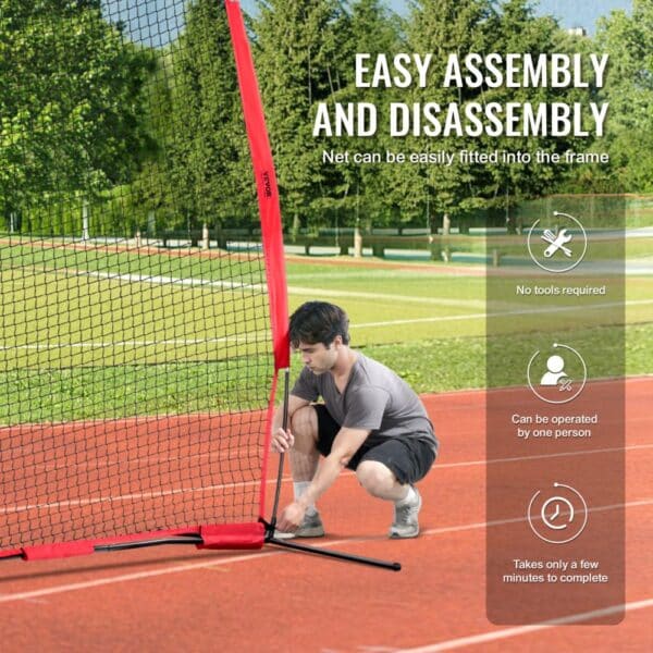 VEVOR barricade backstop net being assembled on a track field with easy setup instructions displayed.