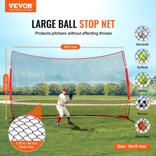 VEVOR barricade net setup on a field, protecting a baseball player with dimensions and mesh size details.