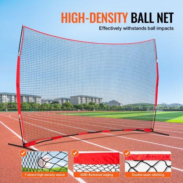 VEVOR barricade net on a track field, featuring a high-density weave, thickened edging, and double-seam stitching.