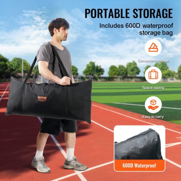 man carrying large black VEVOR barricade net bag on track. portable, waterproof 600d storage bag.