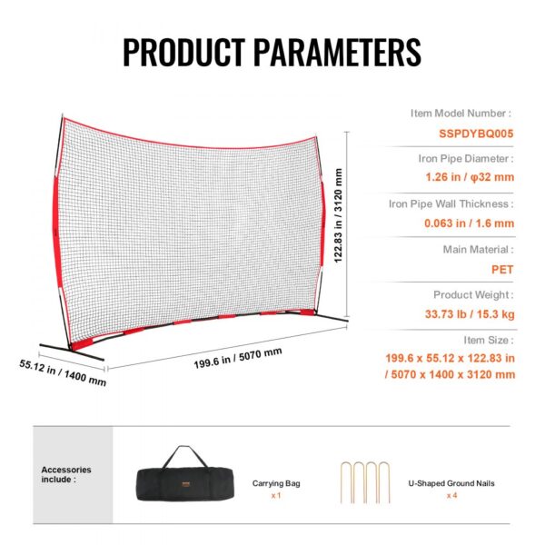 VEVOR barricade net dimensions and specifications illustrated with accessories including carrying bag.