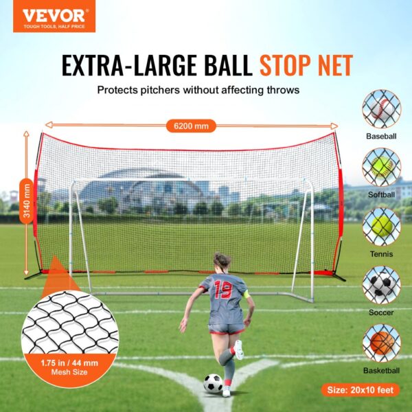 VEVOR backstop net, 20x10 feet, protecting multiple sports pitches with a 44mm mesh size.