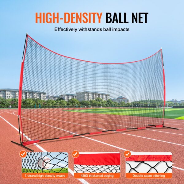 high-density VEVOR backstop net on a sports field, showcasing 7-strand weave, thickened edging, and double-seam stitching.