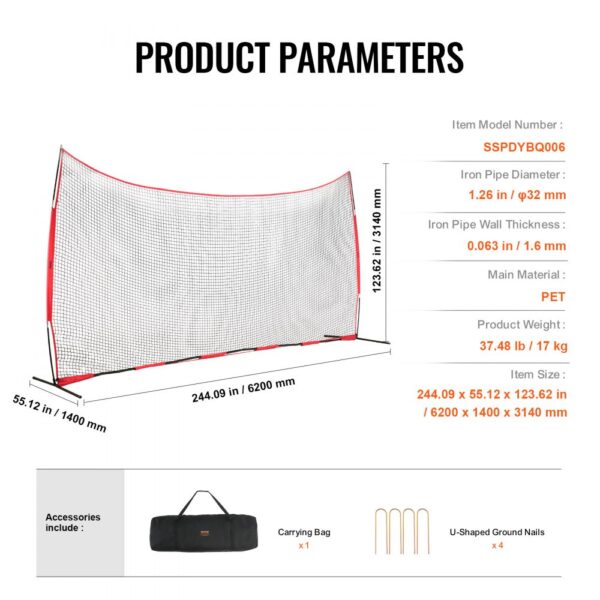 VEVOR backstop net with dimensions and specs, including carrying bag and u-shaped ground nails.