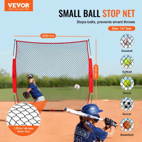 VEVOR backstop net for multiple sports, 7x7 feet with 1.75 in mesh, in use on a baseball field.