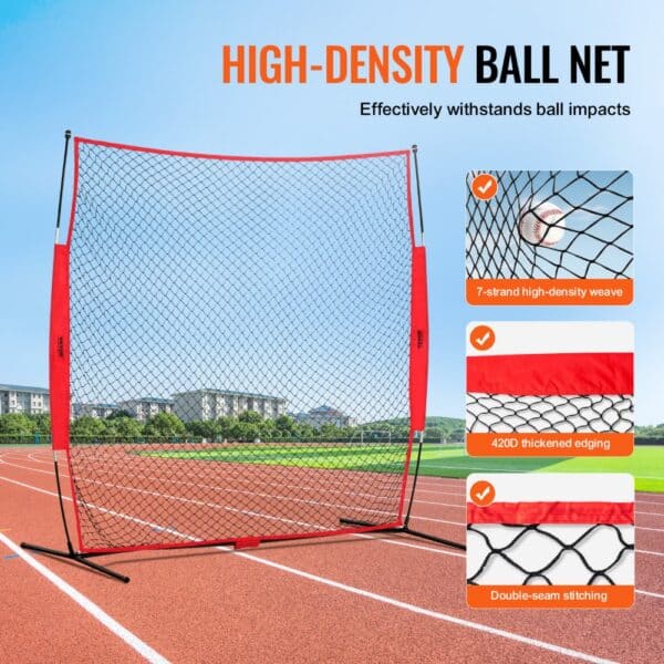 VEVOR backstop net on a track field with high-density weave, thickened edging, and double-seam stitching.