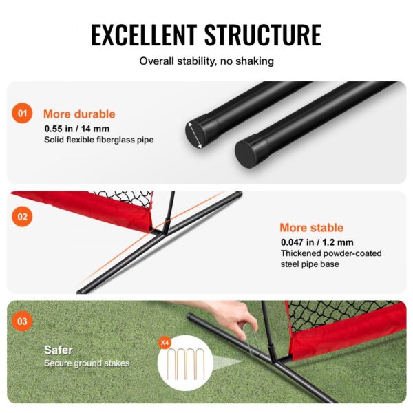 VEVOR backstop net with durable fiberglass pipe, stable powder-coated steel base, and secure ground stakes.