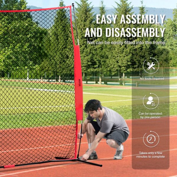 VEVOR backstop net easy assembly and disassembly on athletic field, no tools required, single-person setup.