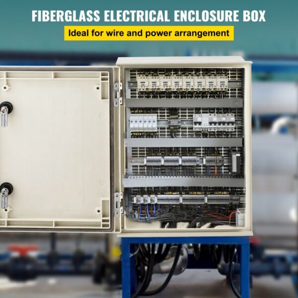 open VEVOR nema steel enclosure showing organized wiring and power arrangements.