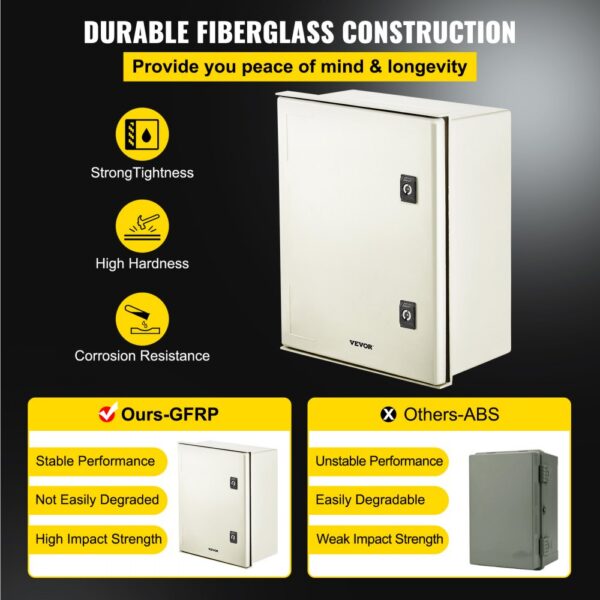 VEVOR nema steel enclosure with durable gfrp construction, high hardness, and corrosion resistance.