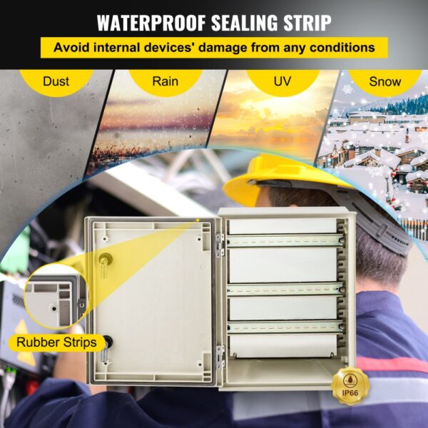 VEVOR nema steel enclosure with waterproof sealing strip for dust, rain, uv, and snow protection.