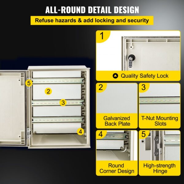 VEVOR nema steel enclosure features quality safety lock, galvanized back plate, t-nut slots.