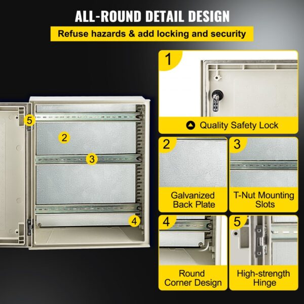 VEVOR nema enclosure with safety lock, galvanized back plate, and high-strength hinge.