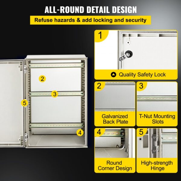 VEVOR nema 4x enclosure with safety lock, galvanized back plate, and high-strength hinge.