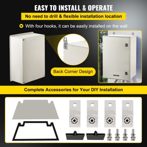 VEVOR nema 4x enclosure with wall hooks, back corner design, and diy installation kit.