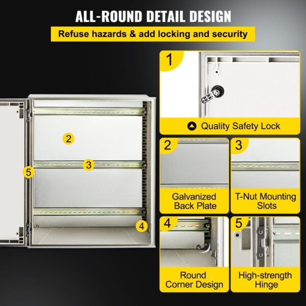 VEVOR nema 4x electrical enclosure features quality safety lock and galvanized back plate.