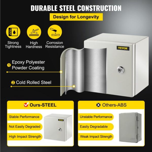 VEVOR nema steel enclosure with durable construction, high impact strength, and corrosion resistance.