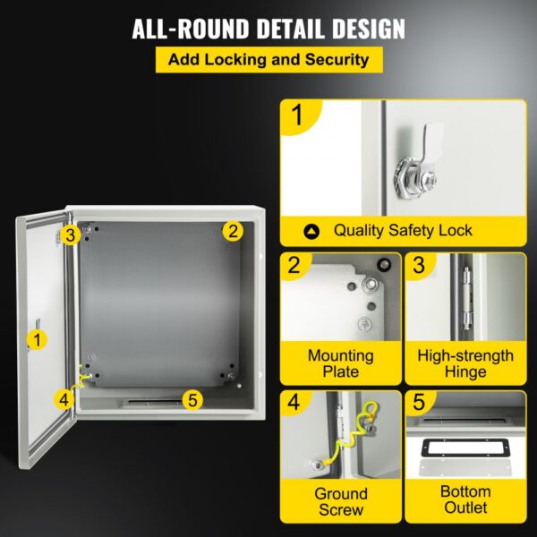 VEVOR nema steel enclosure with safety lock, mounting plate, hinge, ground screw, and outlet.