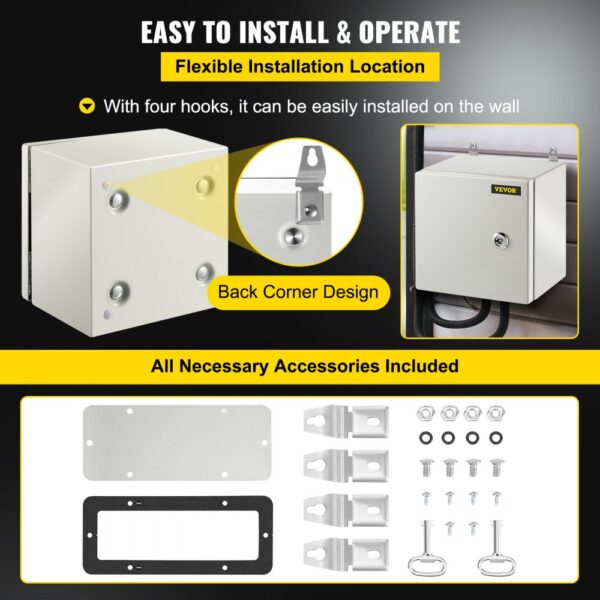 VEVOR nema steel enclosure with easy wall mounting and all necessary accessories included.