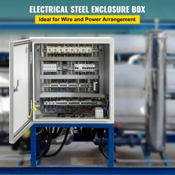 VEVOR nema steel enclosure for electrical wire and power arrangement.