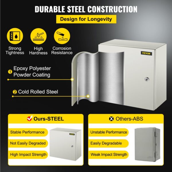 VEVOR nema steel enclosure with durable construction, corrosion resistance, and high impact strength.