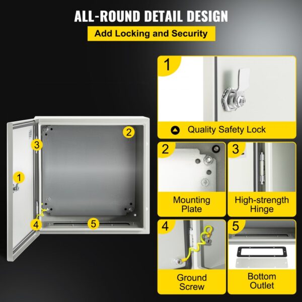 VEVOR nema steel enclosure with safety lock, mounting plate, and ground screw.